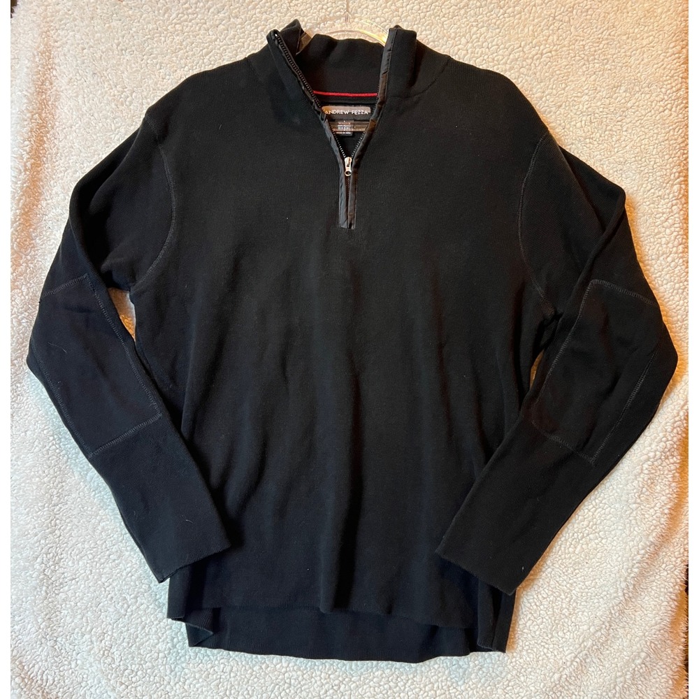 Andrew Fezza Mens Black Heavy Quarter Zip Cotton Sweater Elbow Patches Large
